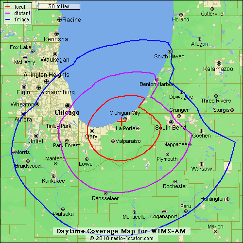 WIMS AM 1420 WIMS AM 1420 Daytime Coverage Map